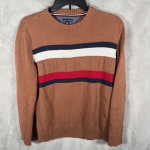 Tommy Hilfiger Men's Brown Crew Neck Sweater Striped Logo Size L G 14 16